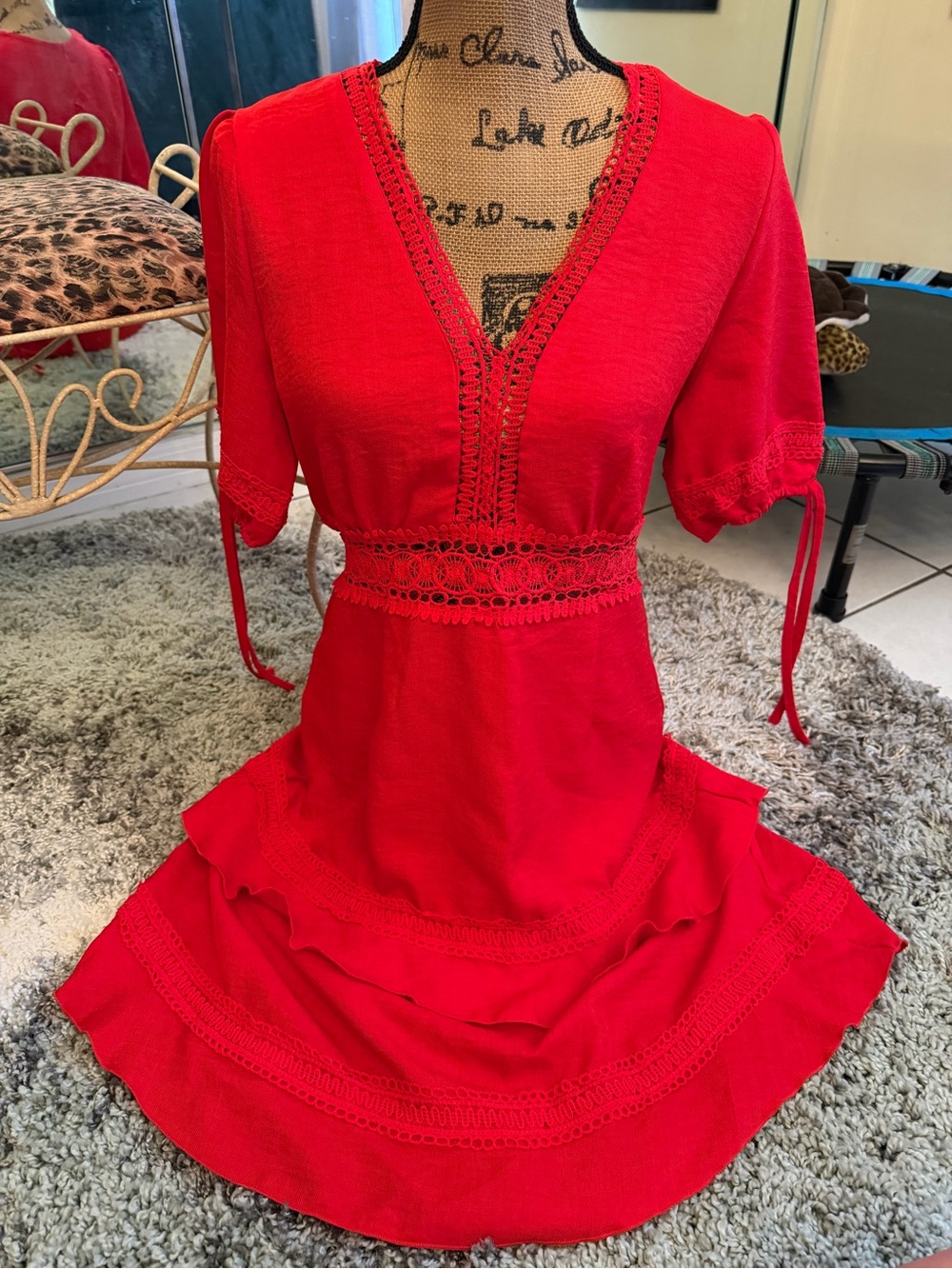 Boho Red Crochet-Waist Mini Dress